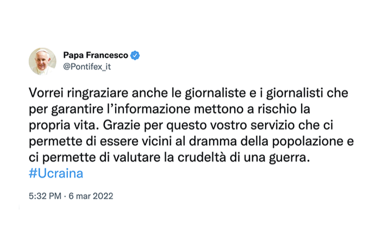In un tweet il ringraziamento di Papa Francesco a giornaliste e giornalisti
